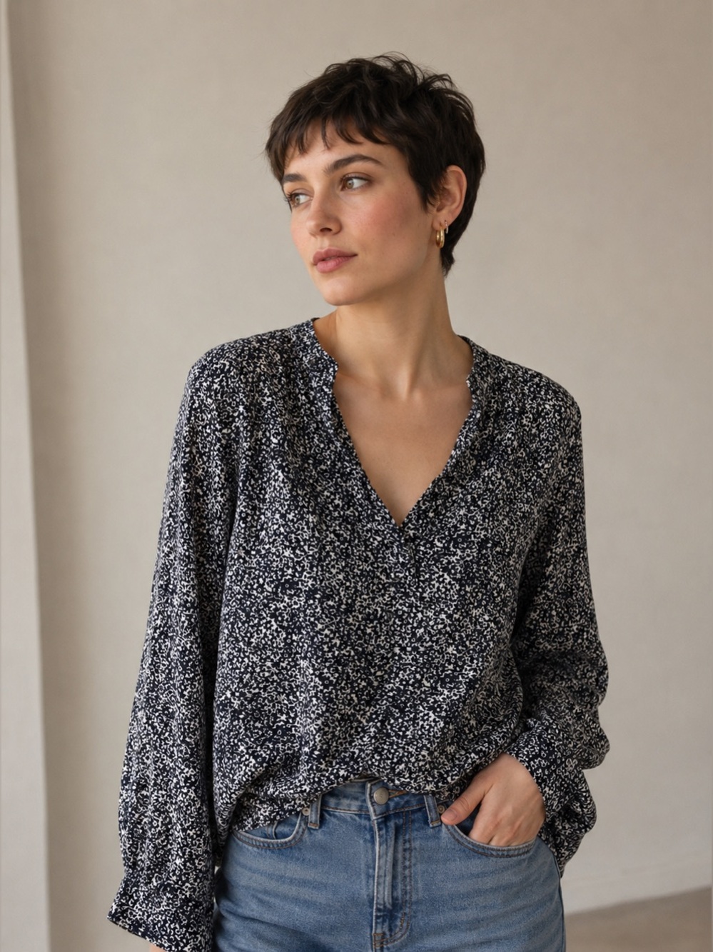 GAP Split Neck Boho Floral Print Peasant Blouse Navy & White, Women’s Small EUC